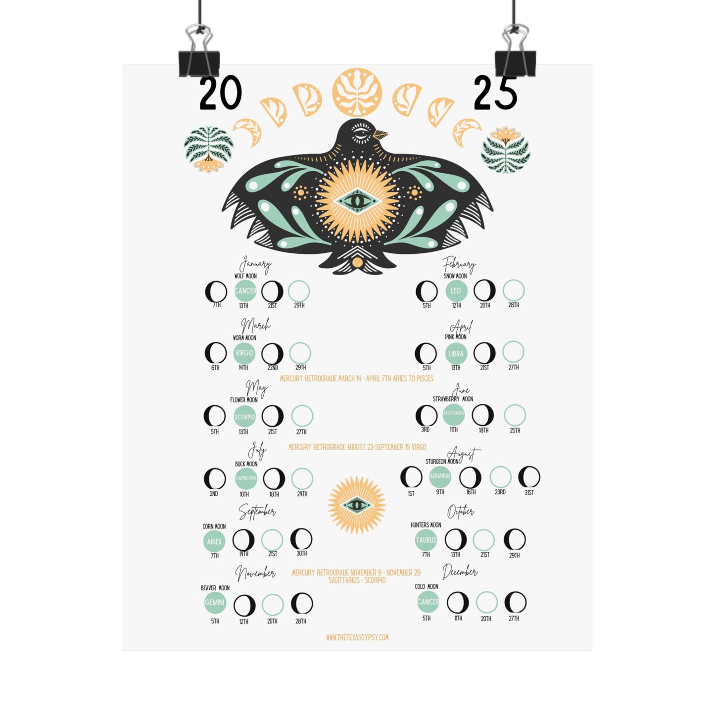 Boho Bird 2025 Lunar Calendar – Sage Green & Mustard Charm