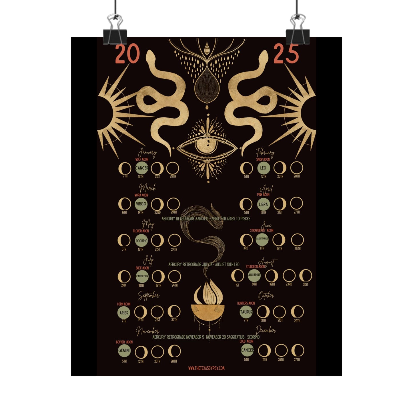 All-Seeing Eye Lunar Calendar 2025 – Gold & Black Mysticism