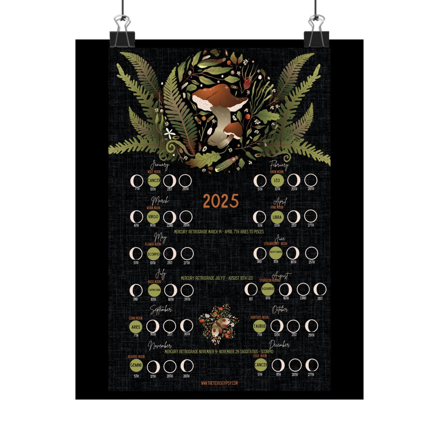 Dark Forest 2025 Lunar Calendar – Vintage Mushrooms & Foliage