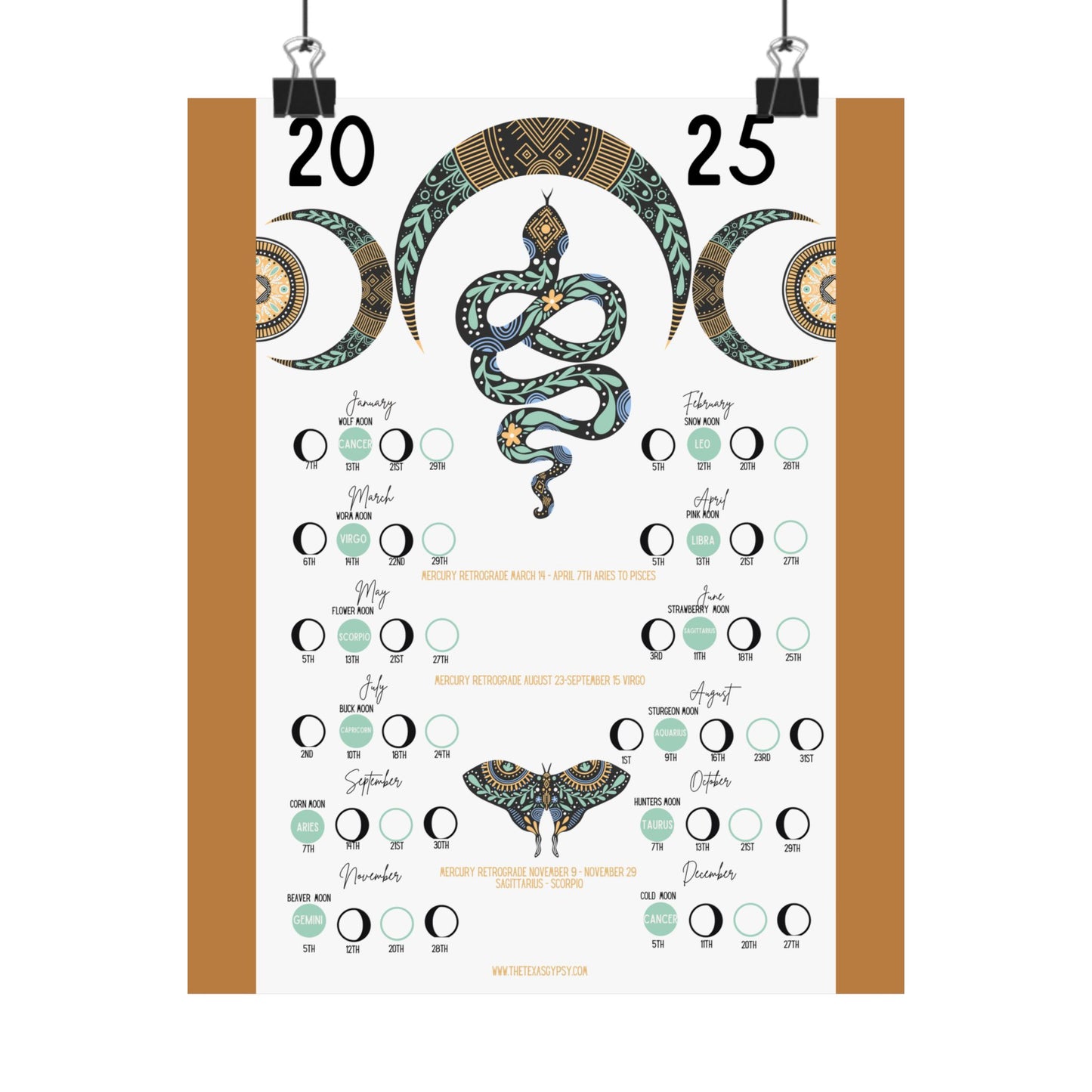Boho Snake 2025 Lunar Calendar – Sage Green & Mustard Elegance