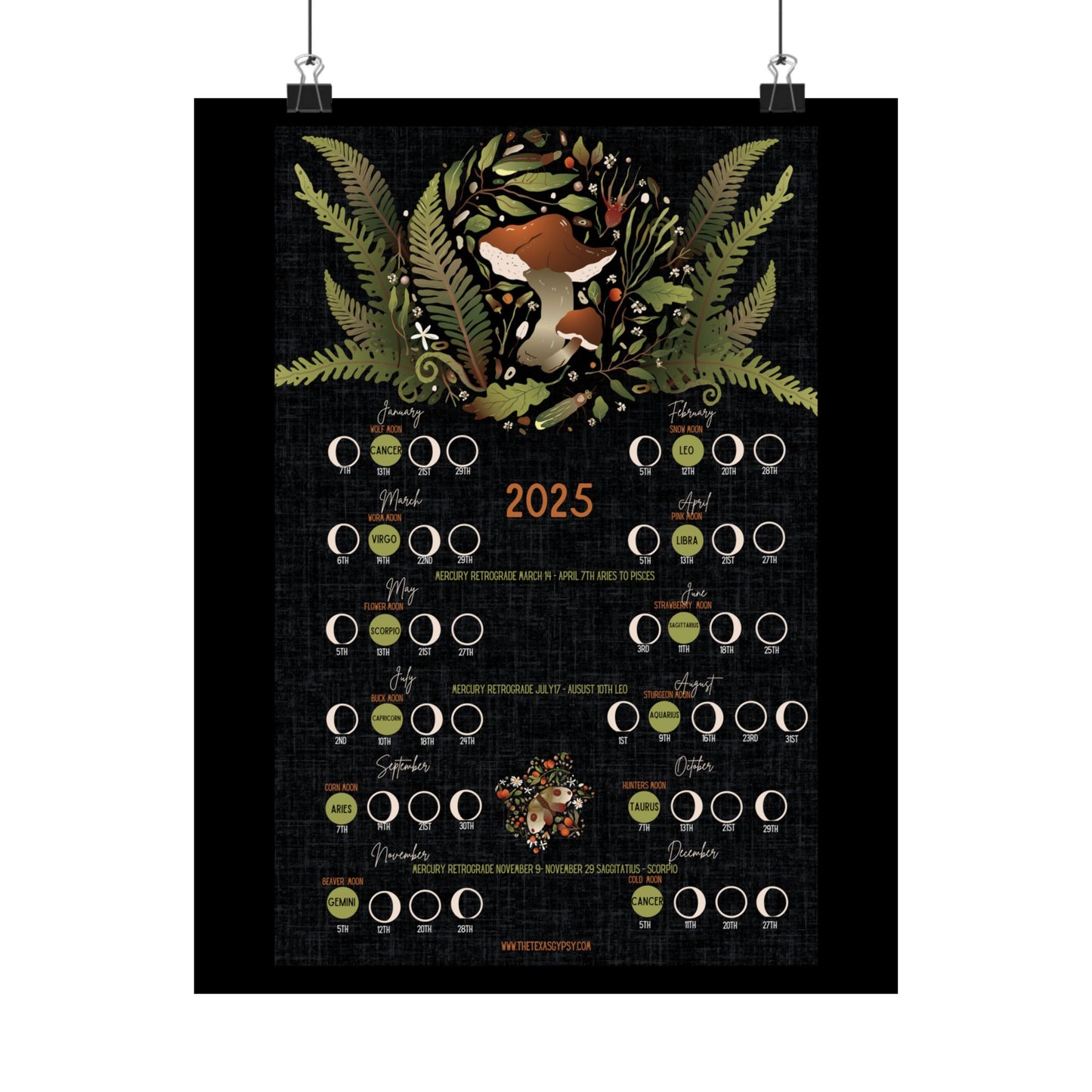 Dark Forest 2025 Lunar Calendar – Vintage Mushrooms & Foliage