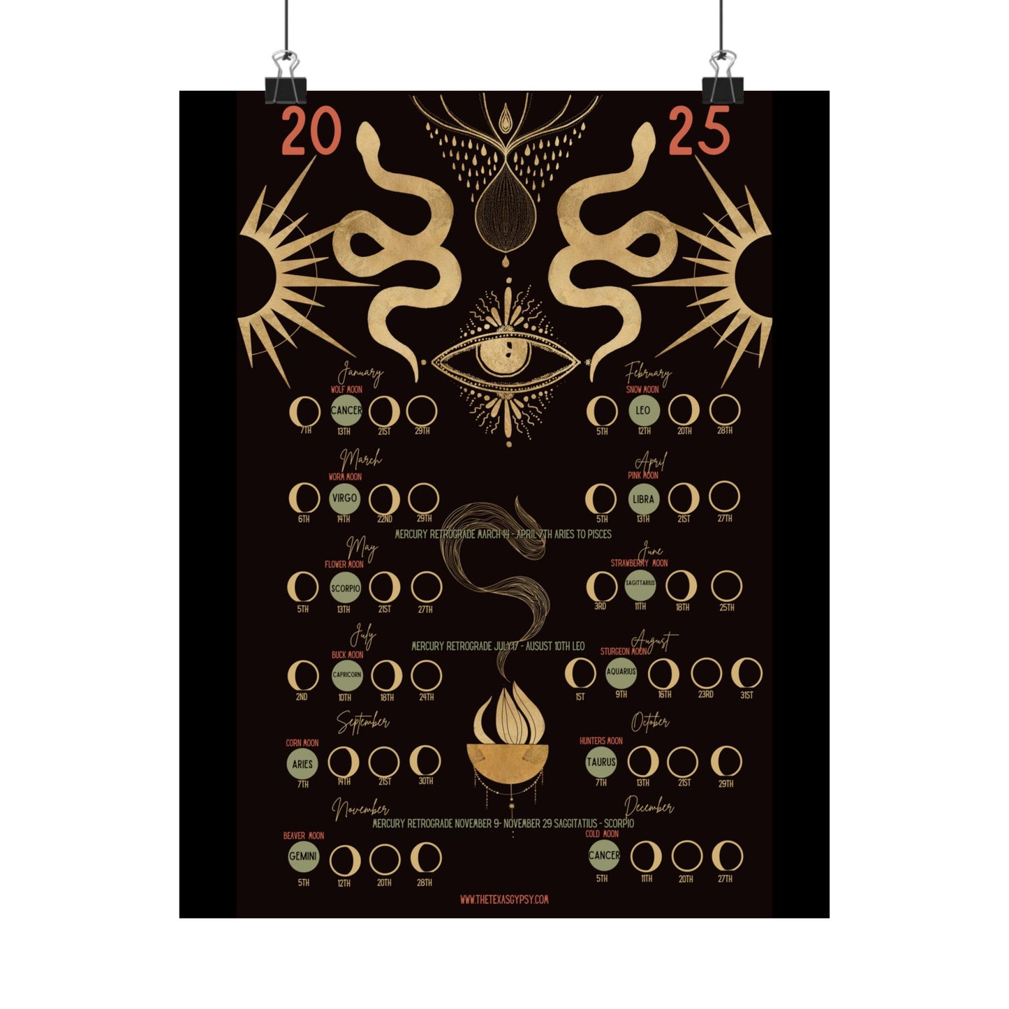 All-Seeing Eye Lunar Calendar 2025 – Gold & Black Mysticism
