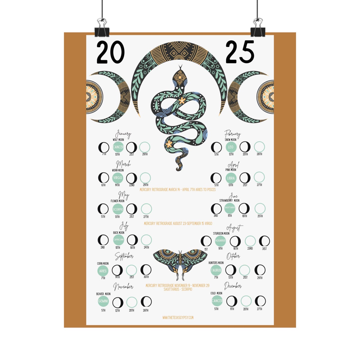 Boho Snake 2025 Lunar Calendar – Sage Green & Mustard Elegance
