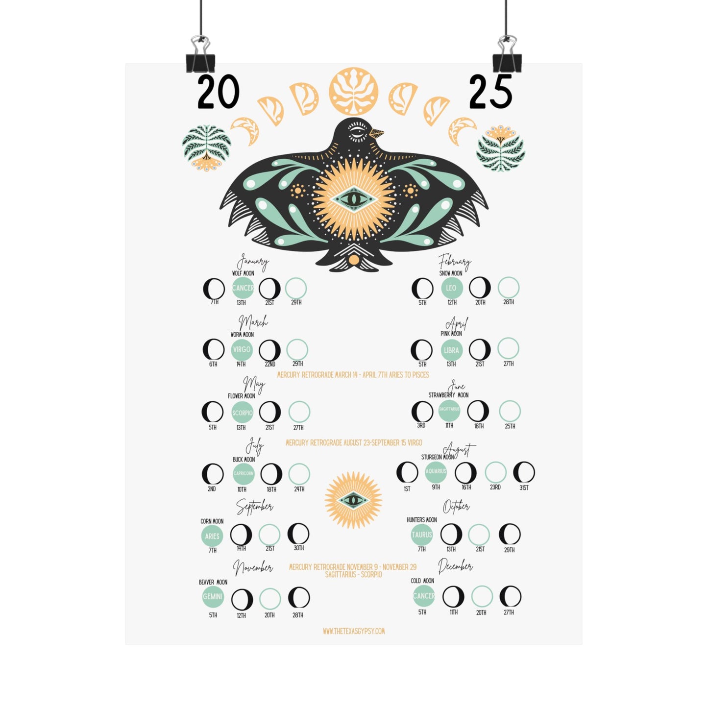 Boho Bird 2025 Lunar Calendar – Sage Green & Mustard Charm