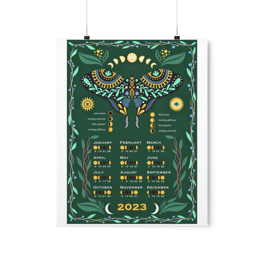 Mystical Moth Green  2023 Lunar phase calendar Premium Matte Art Print