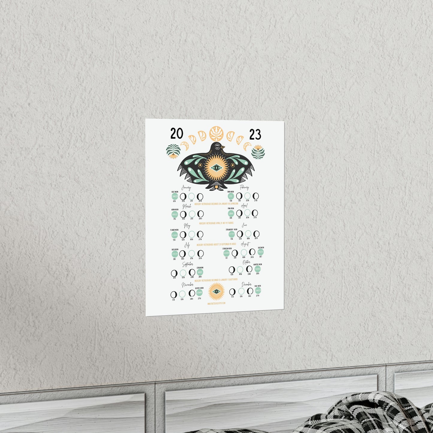 Boho Bird  2023 Lunar phase calendar Art Print