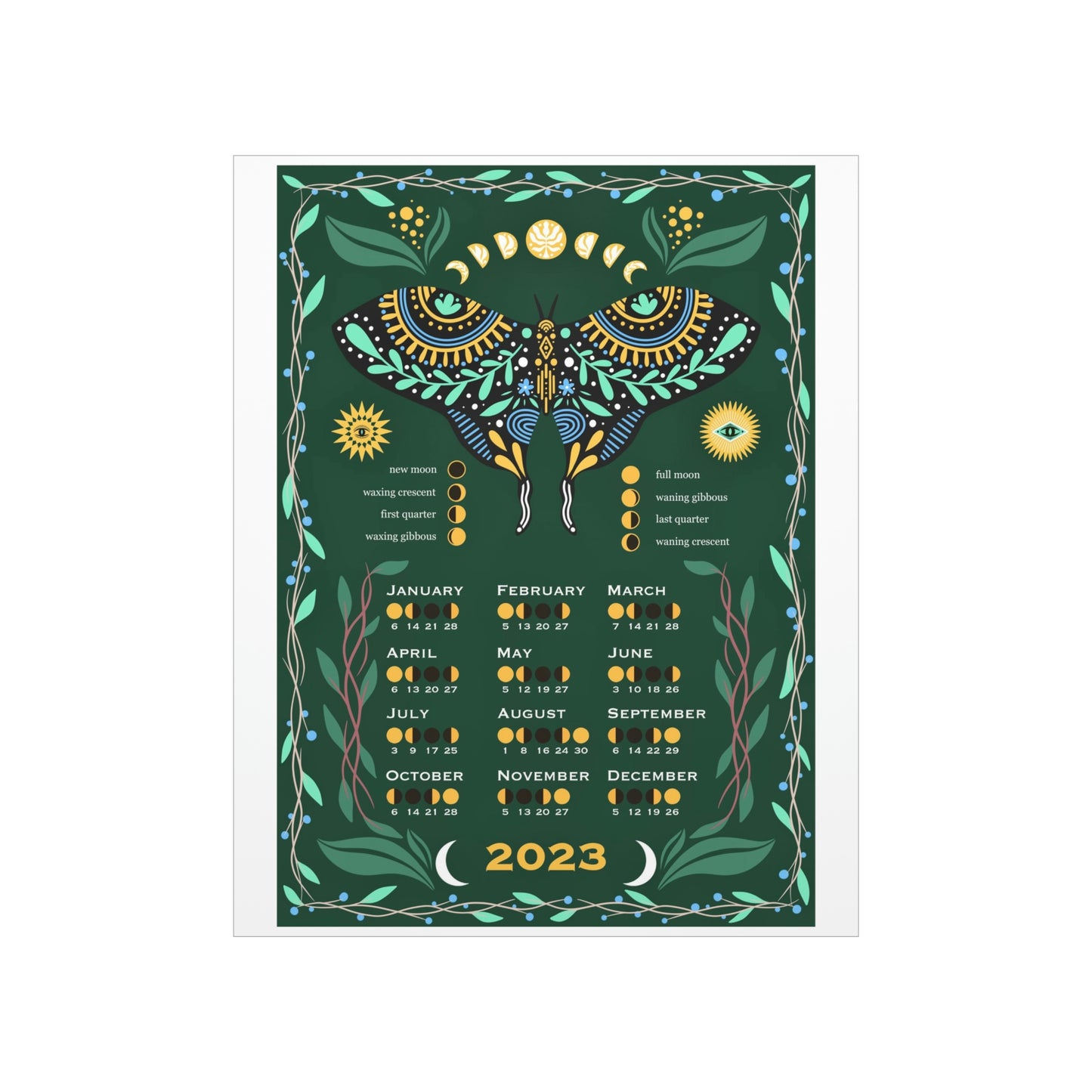 Mystical Moth Green  2023 Lunar phase calendar Premium Matte Art Print