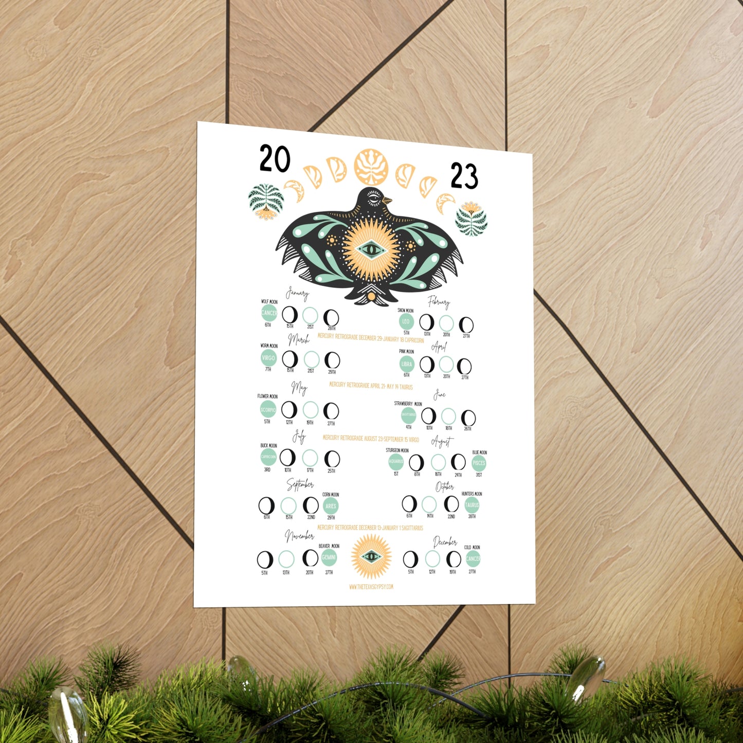 Boho Bird  2023 Lunar phase calendar Art Print